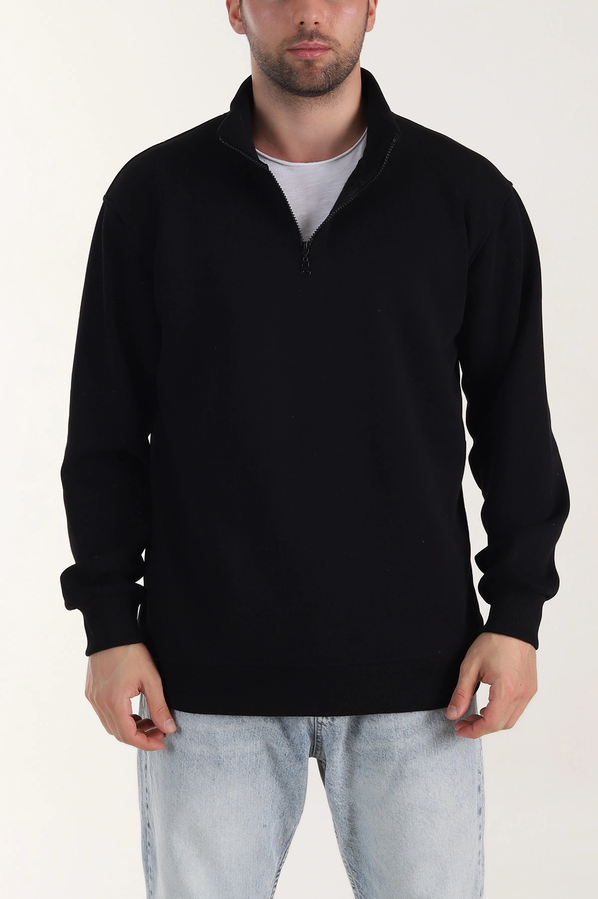Siyah Yarım Fermuarlı Dik Yaka Erkek Sweatshirt 413424