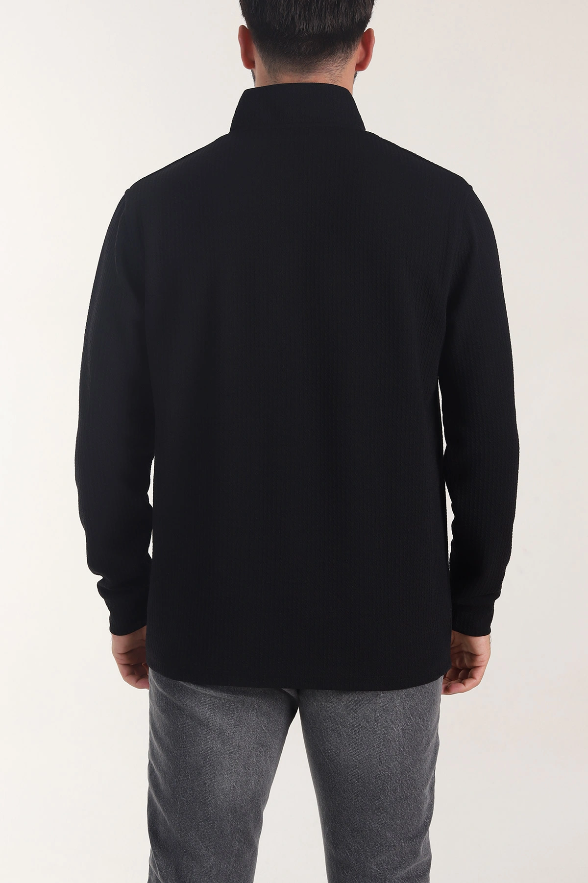 Siyah Yarım Fermuarlı Dokulu Dik Yaka Erkek Sweatshirt 406933