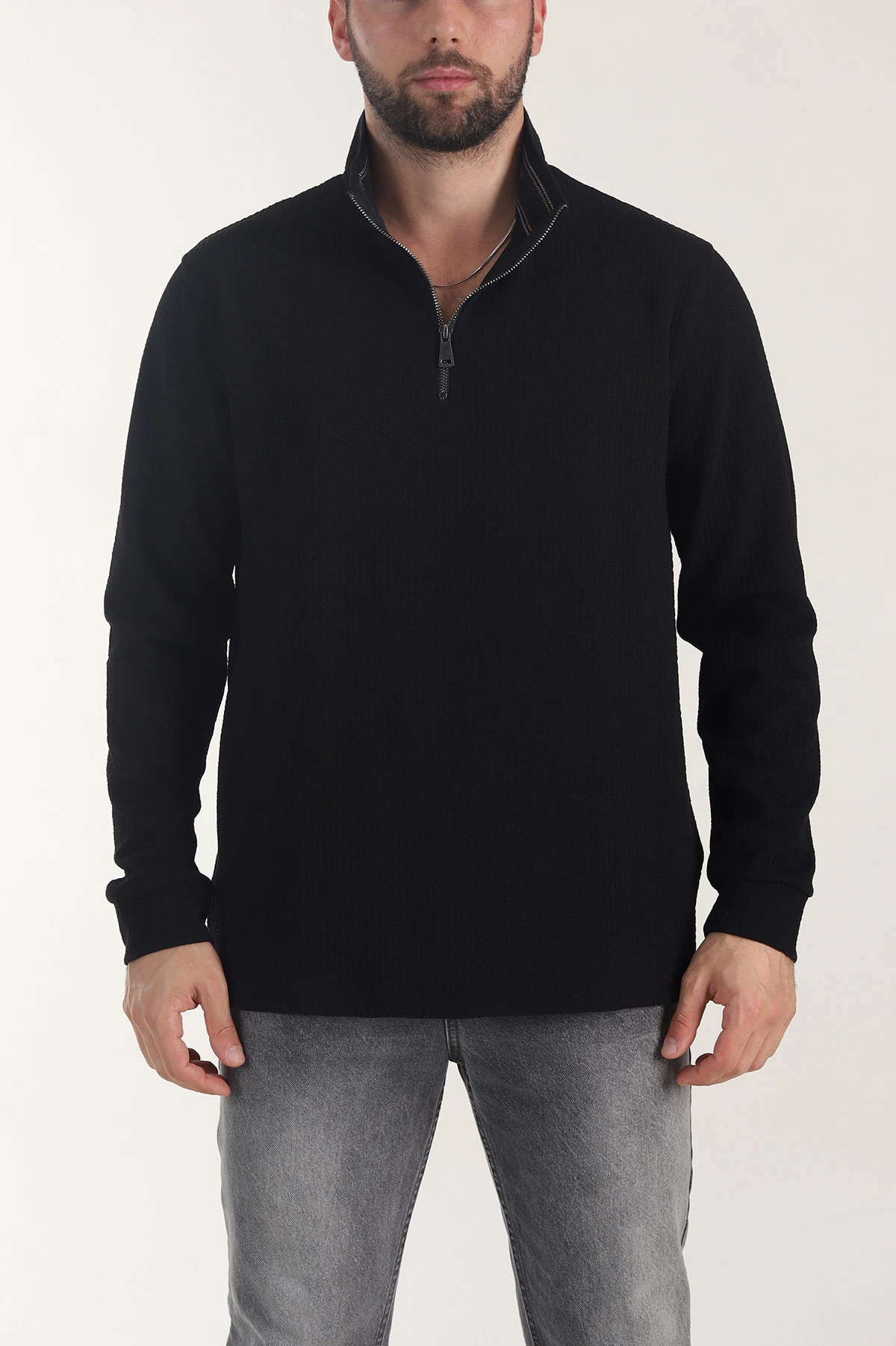 Siyah Yarım Fermuarlı Dokulu Dik Yaka Erkek Sweatshirt 406933
