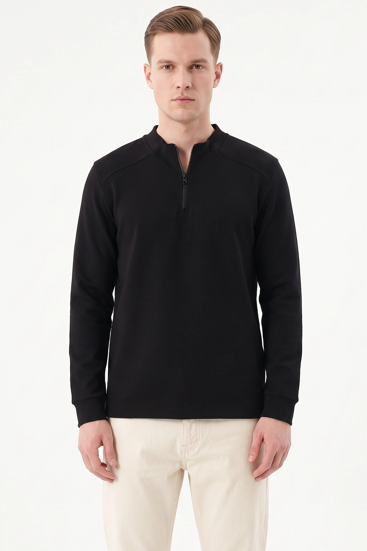 Siyah Yarım Fermuarlı Erkek Sweatshirt 492047