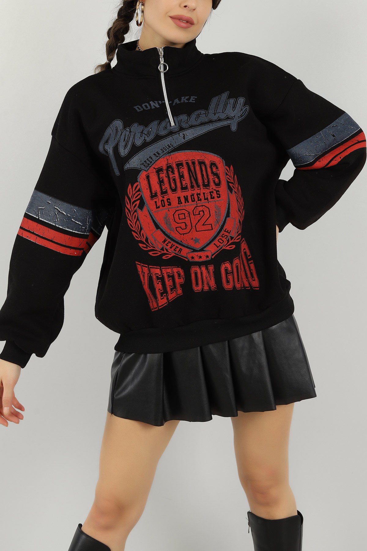 Siyah Yarım Fermuarlı İçi Şardonlu Sweat 144073