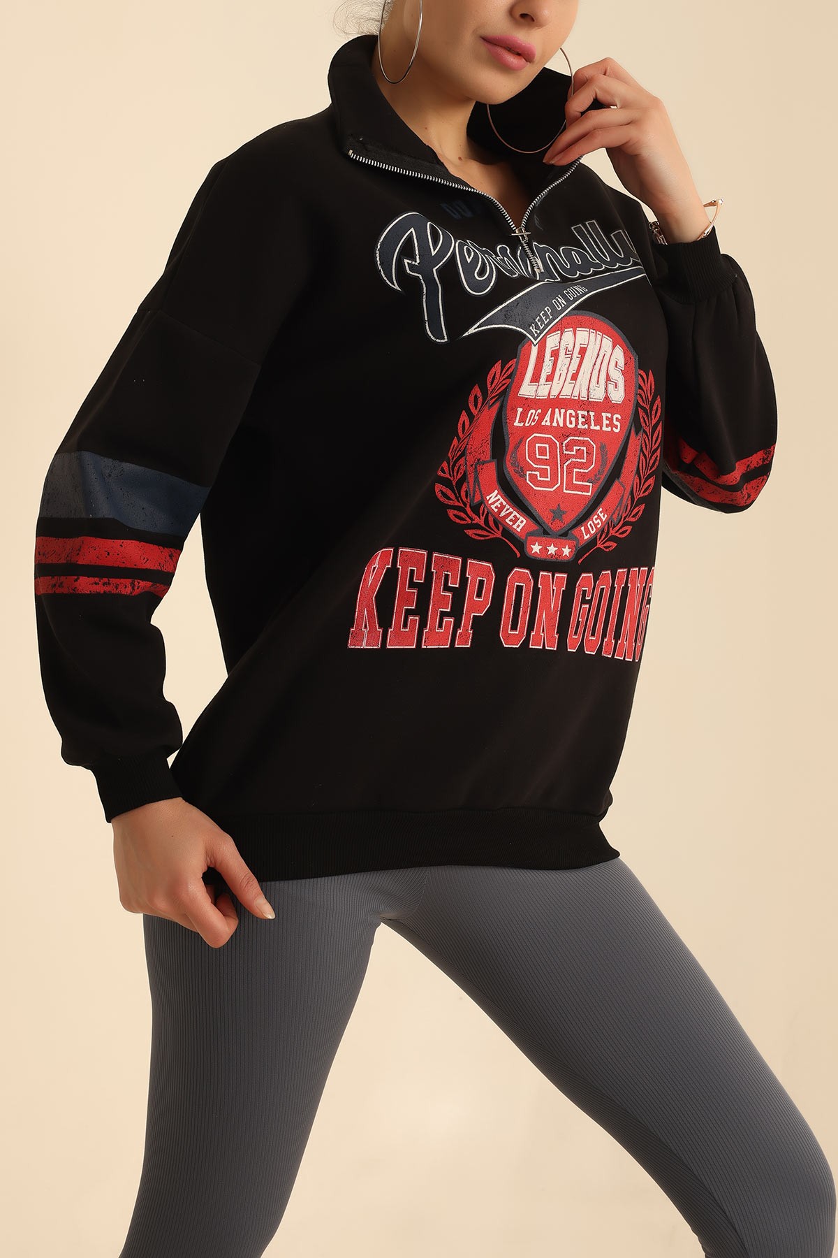 Siyah Yarım Fermuarlı İçi Şardonlu Sweat 218377