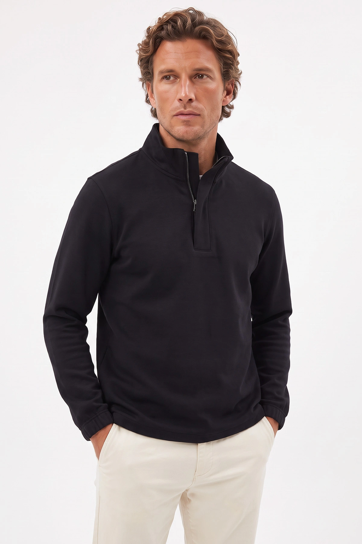 Siyah Yarım Fermuarlı Lastik Detaylı Erkek Sweatshirt 492051
