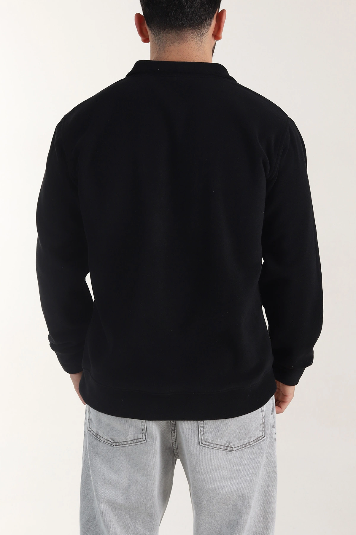Siyah Yarım Fermuarlı Nakış Detaylı Dik Yaka Polar Kumaş Erkek Sweatshirt 404236