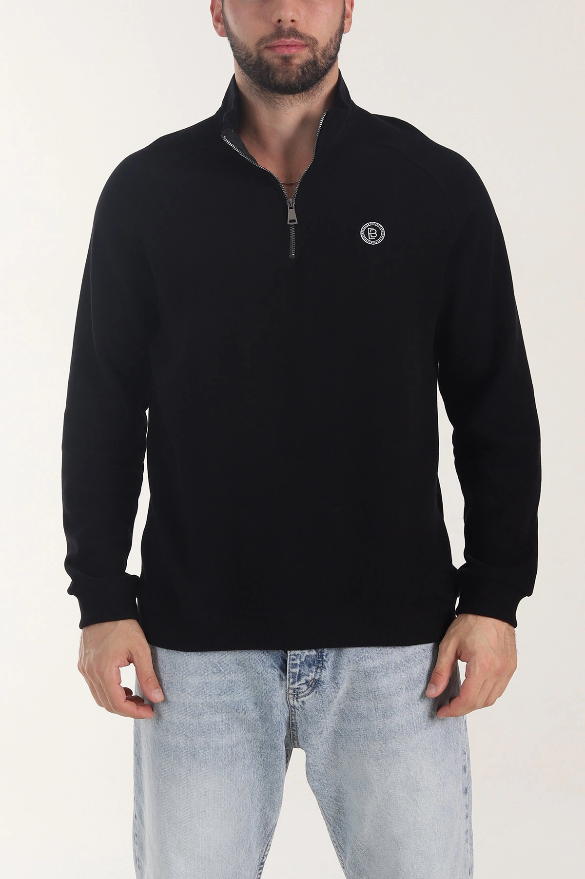 Siyah Yarım Fermuarlı Nakış Detaylı Erkek Sweatshirt 406849