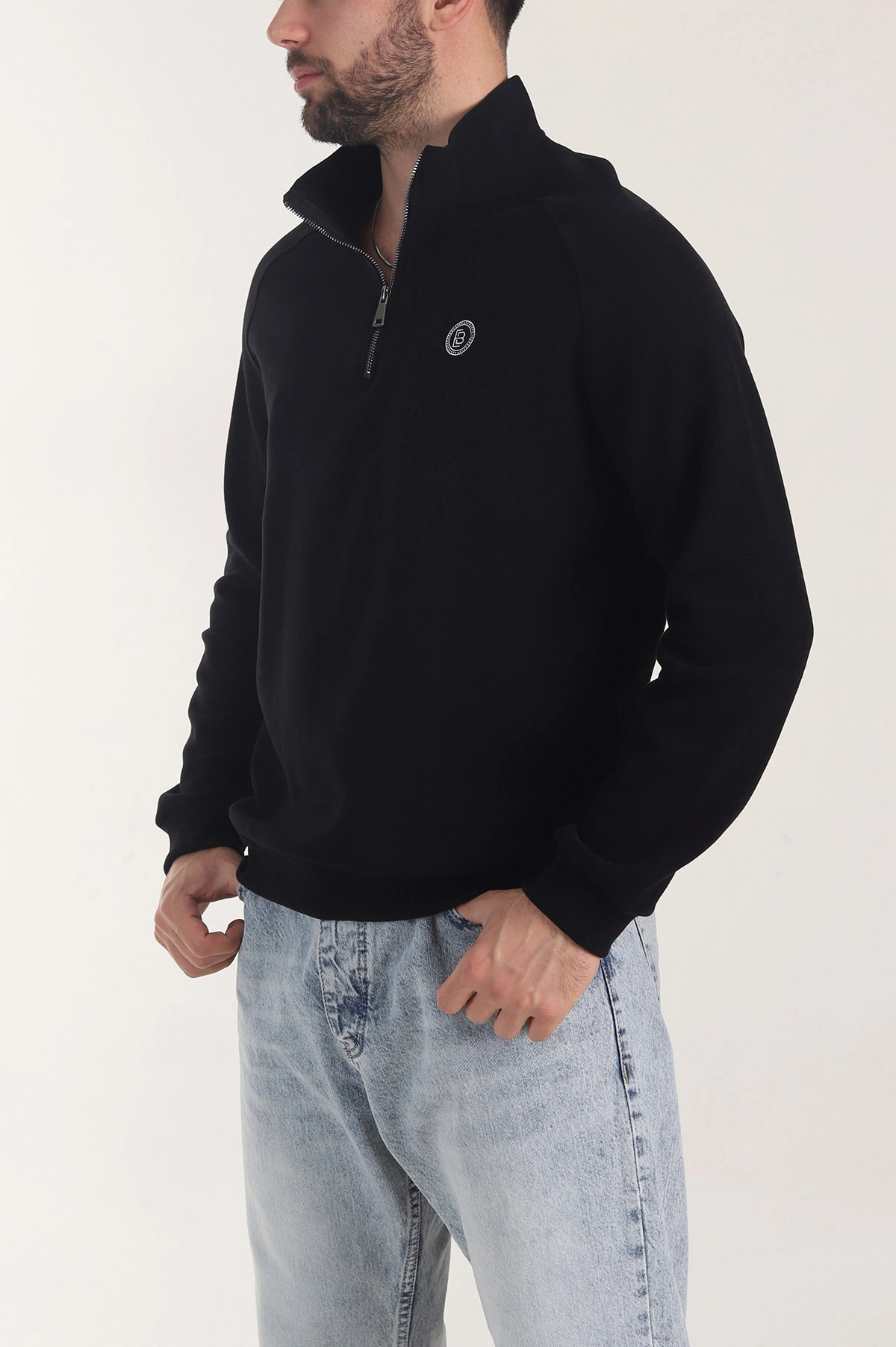 Siyah Yarım Fermuarlı Nakış Detaylı Erkek Sweatshirt 406849