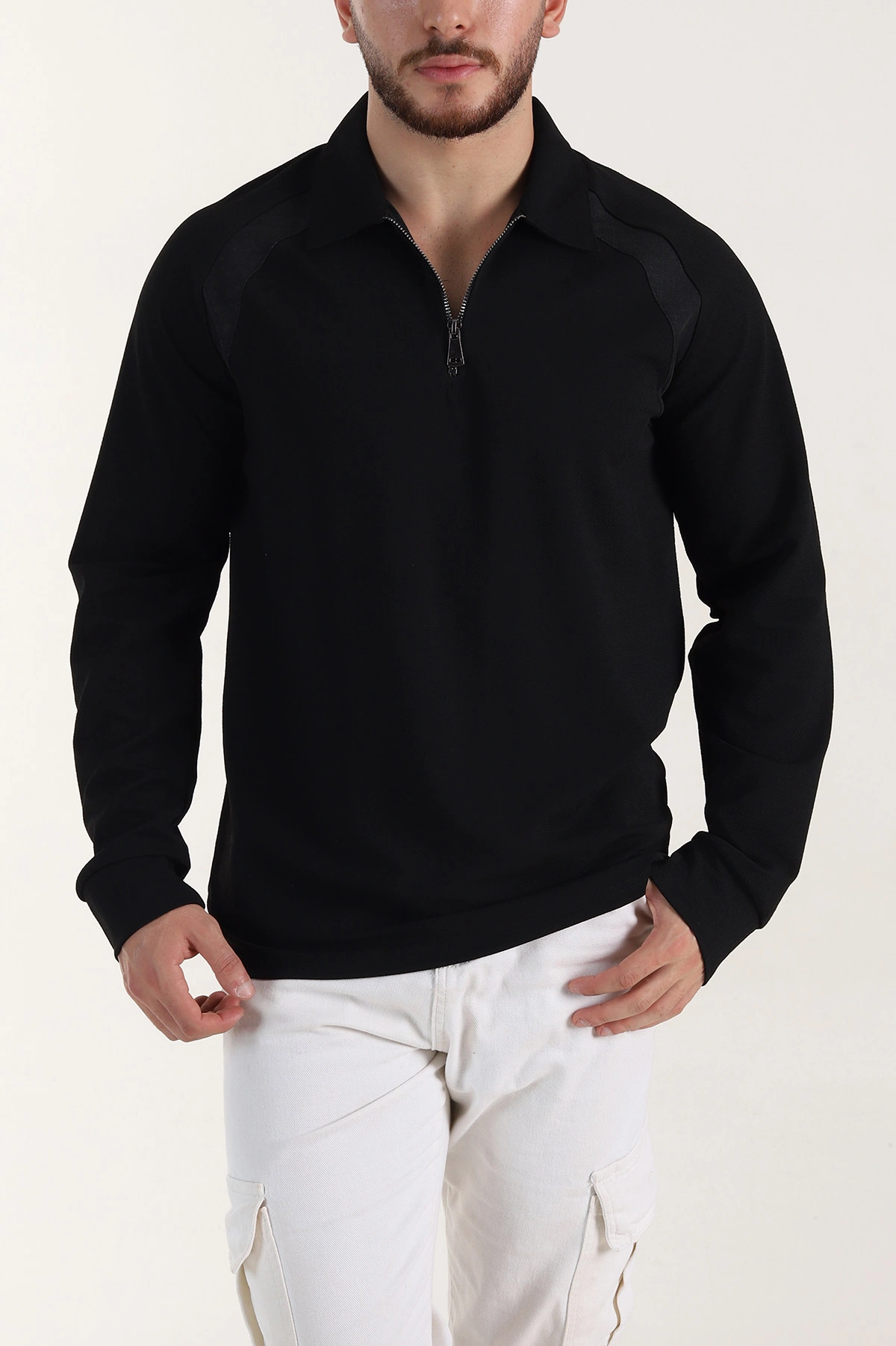 Siyah Yarım Fermuarlı Polo Yaka Erkek Sweatshirt 397124