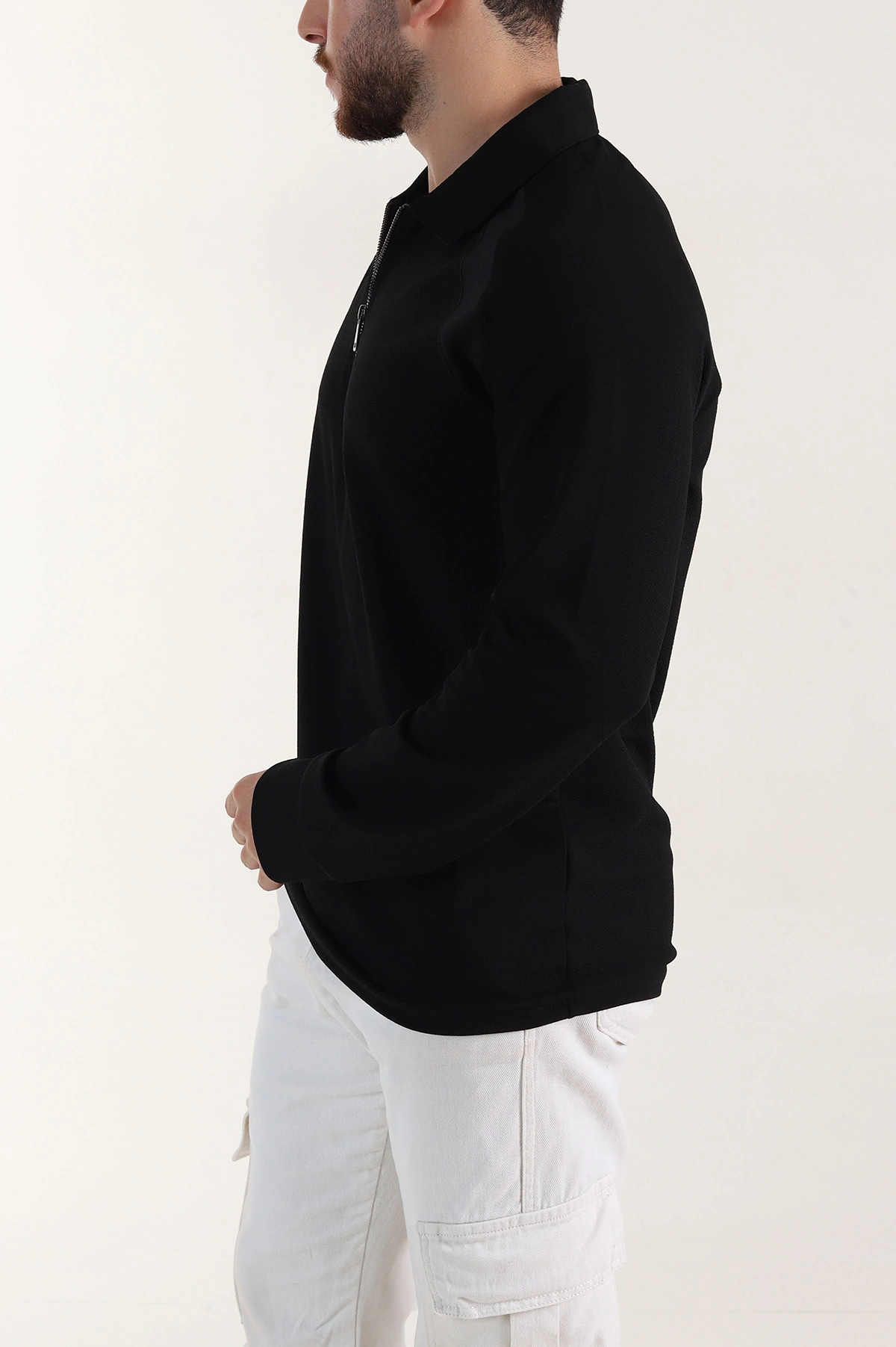 Siyah Yarım Fermuarlı Polo Yaka Erkek Sweatshirt 397124