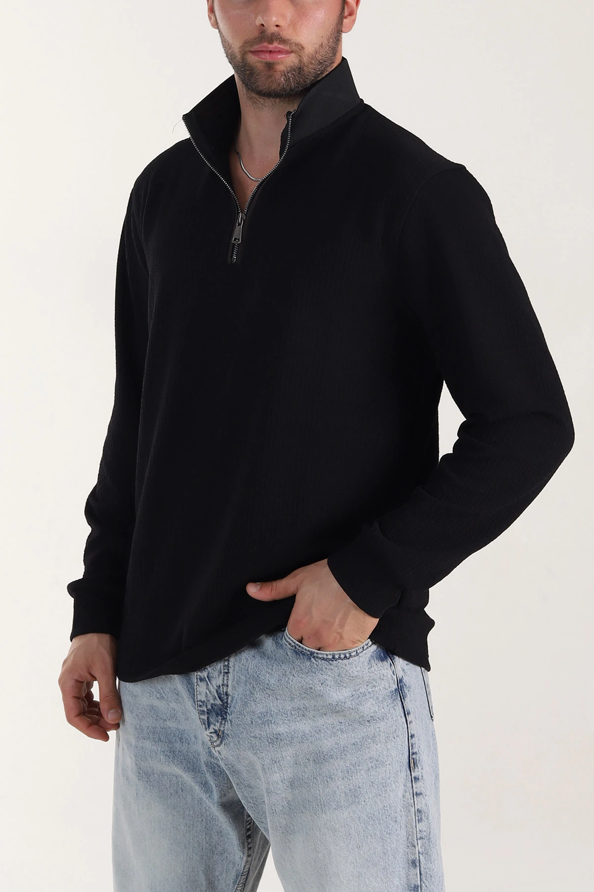Siyah Yarım Fermuarlı Polo Yaka Erkek Sweatshirt 410868