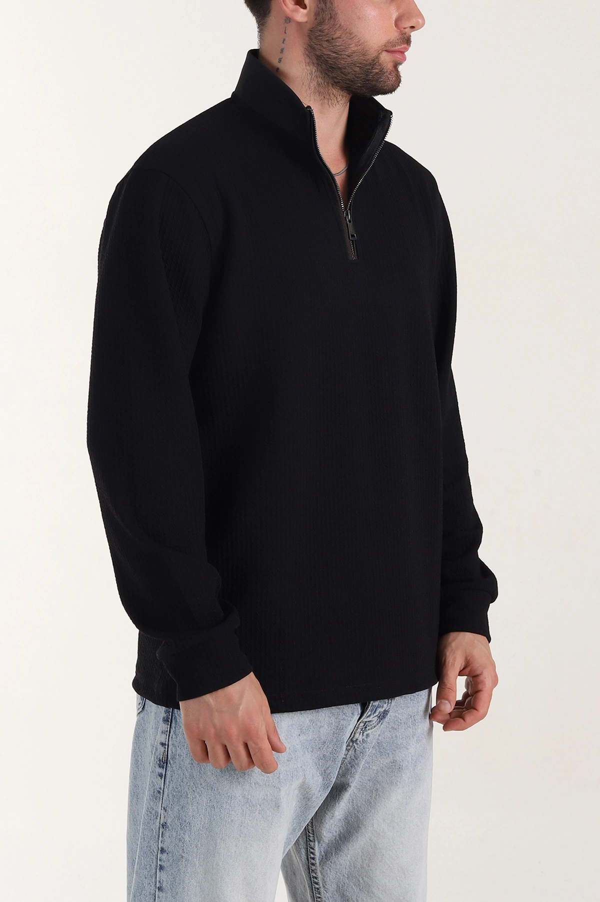 Siyah Yarım Fermuarlı Polo Yaka Erkek Sweatshirt 410868