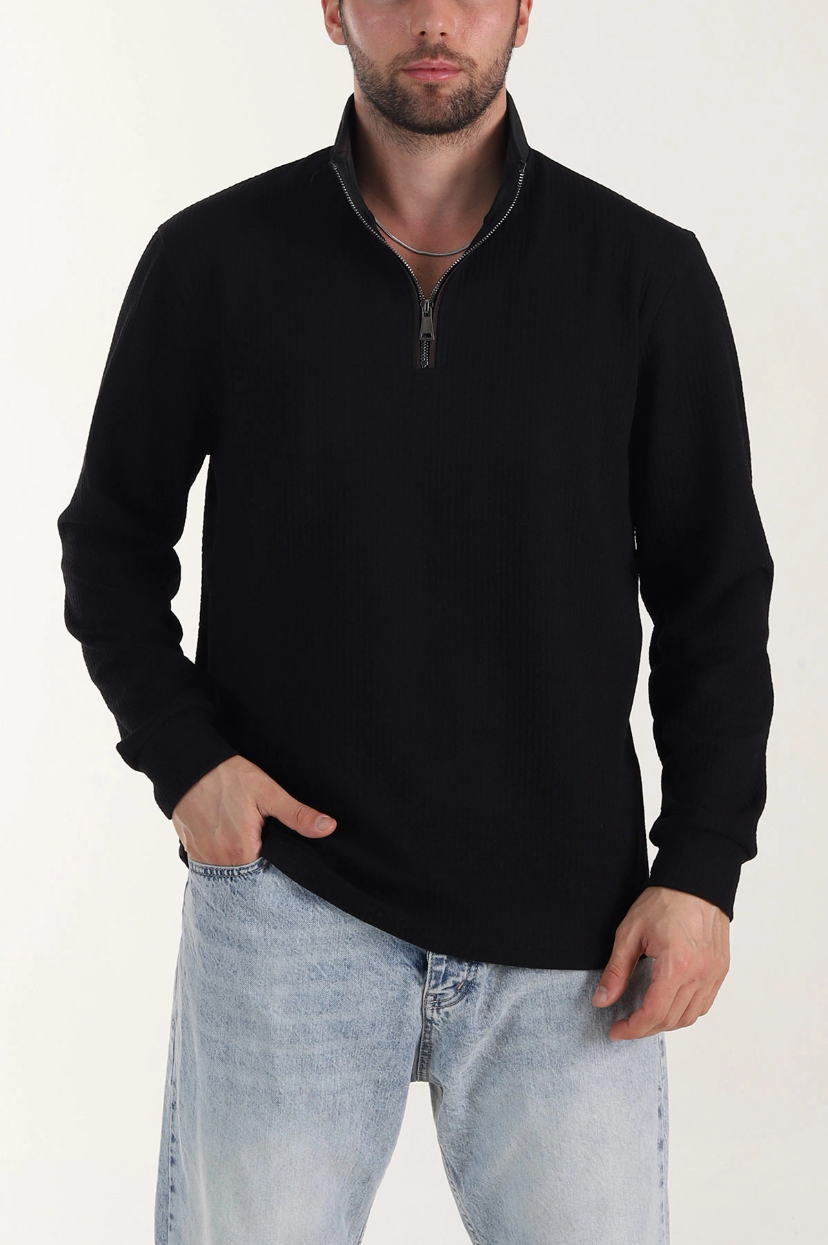 Siyah Yarım Fermuarlı Polo Yaka Erkek Sweatshirt 410868