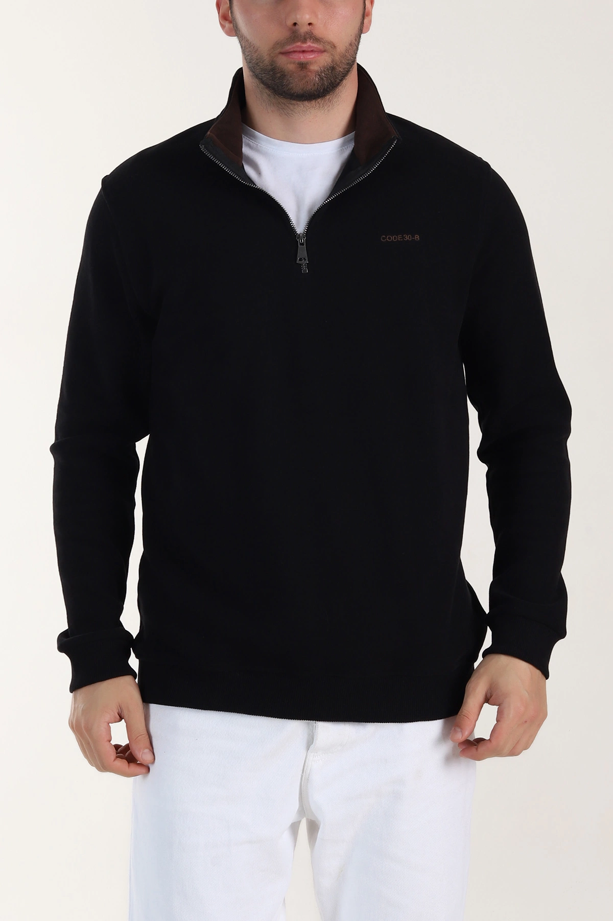 Siyah Yarım Fermuarlı Polo Yaka Erkek Sweatshirt 410876