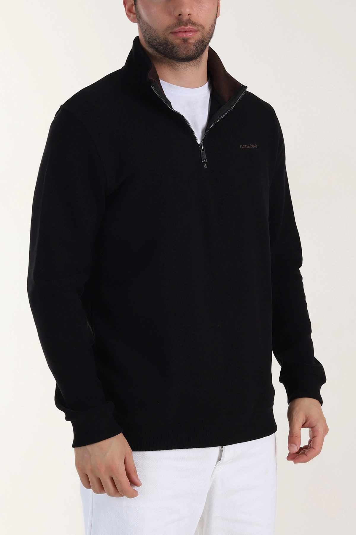 Siyah Yarım Fermuarlı Polo Yaka Erkek Sweatshirt 410876