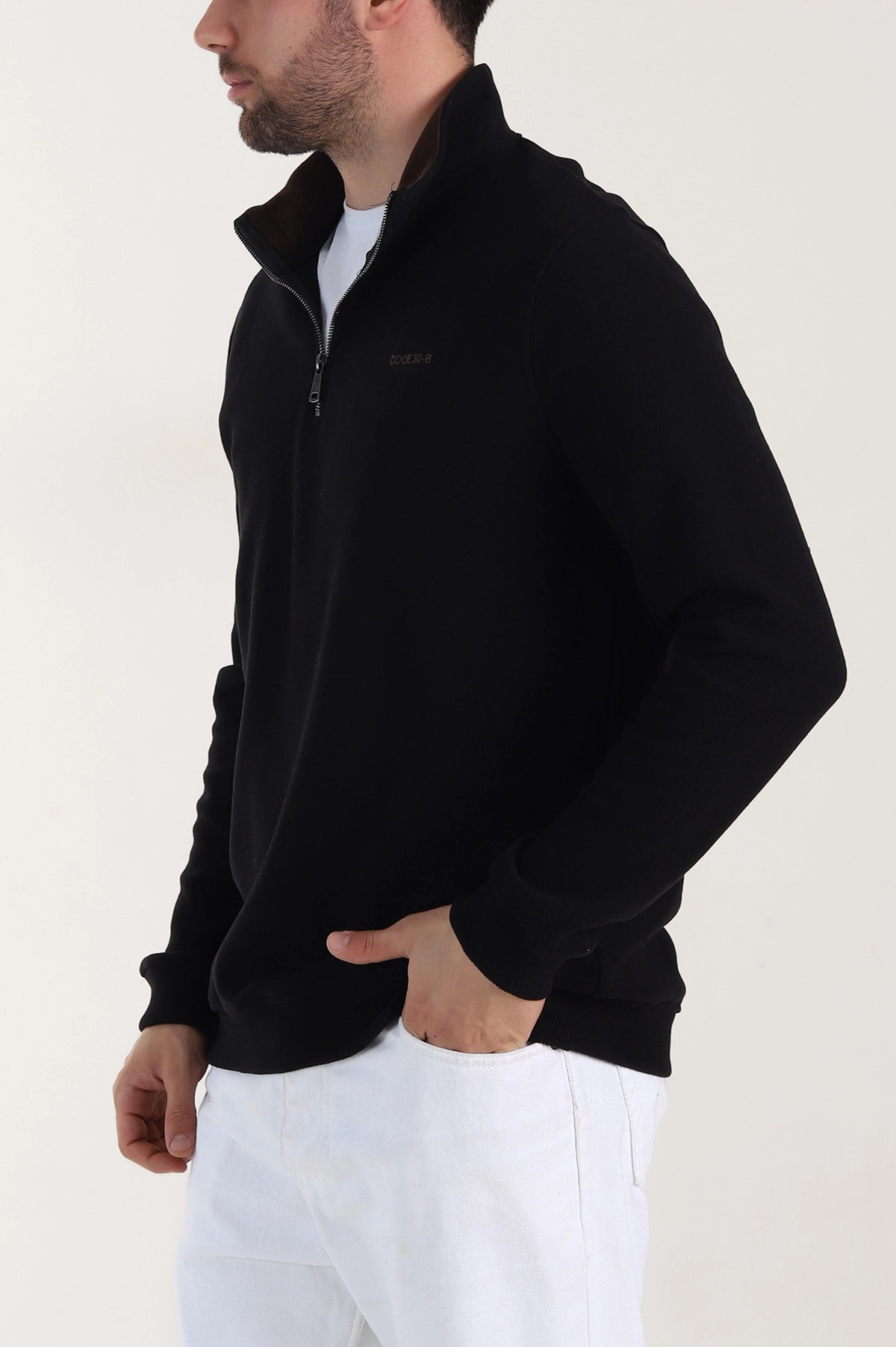 Siyah Yarım Fermuarlı Polo Yaka Erkek Sweatshirt 410876