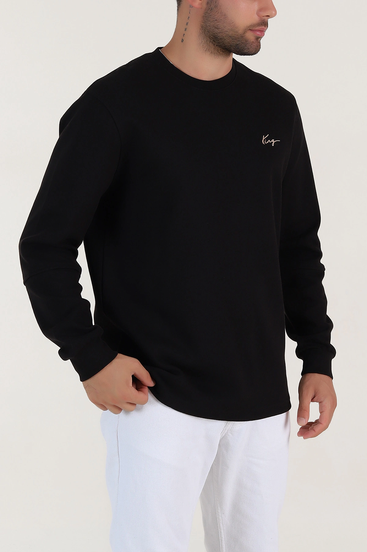 Siyah Yazı Detaylı Bisiklet Yaka Erkek Sweatshirt 396926