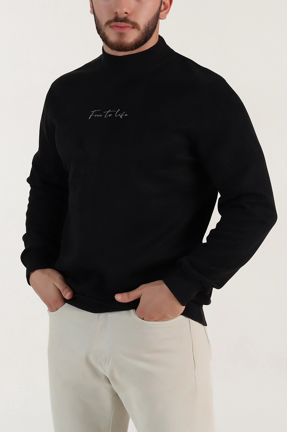 Siyah Yazı Detaylı Bisiklet Yaka Erkek Sweatshirt 396973