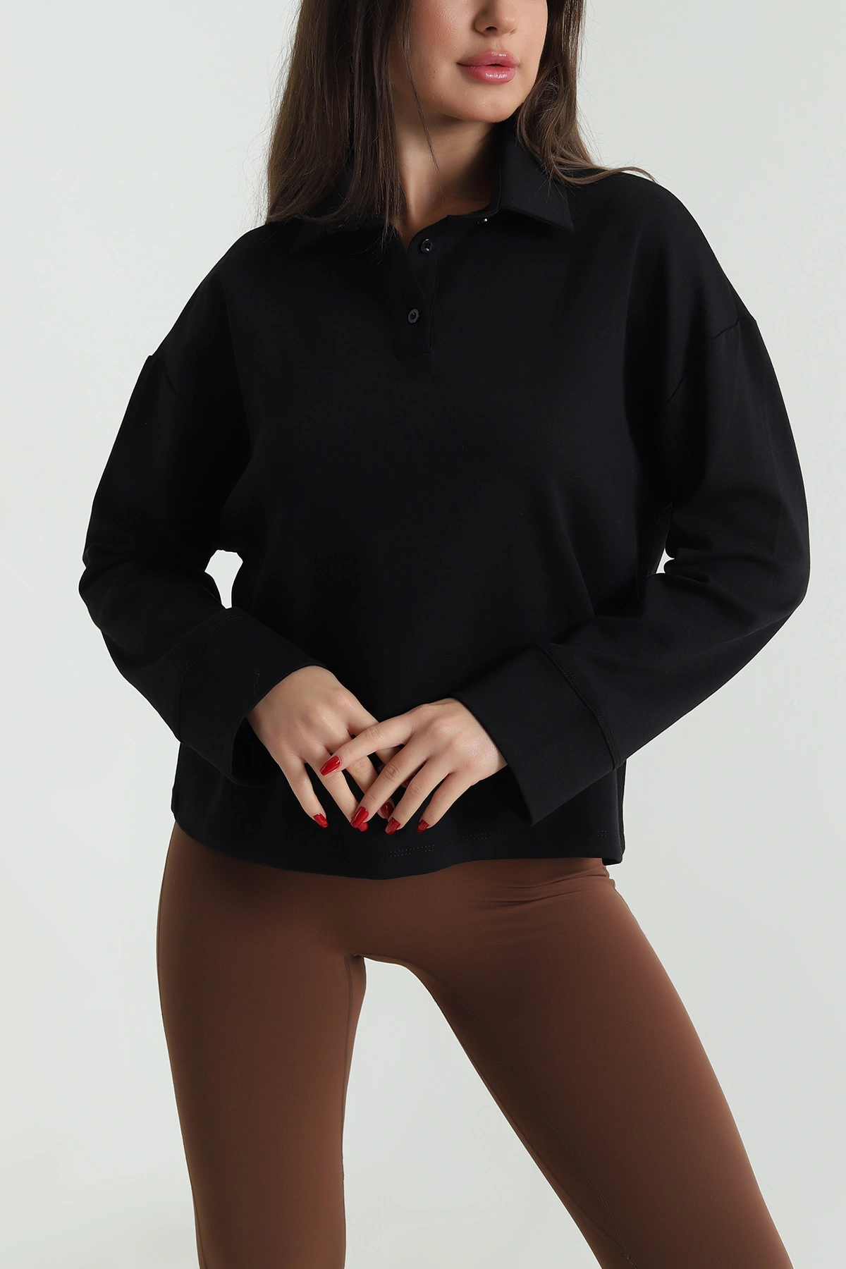 Siyah Yeni Sezon Polo Yaka Kadın Sweat 492449