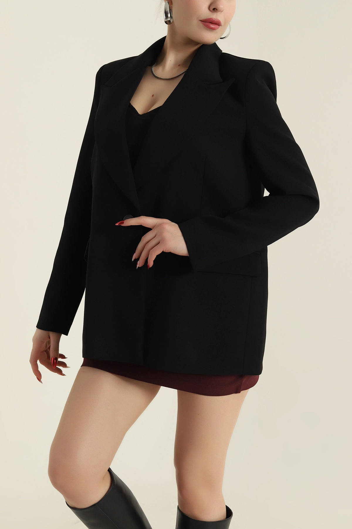 Siyah Yeni Sezon Tek Düğme Astarlı Linda Double Kadın Ceket 425319