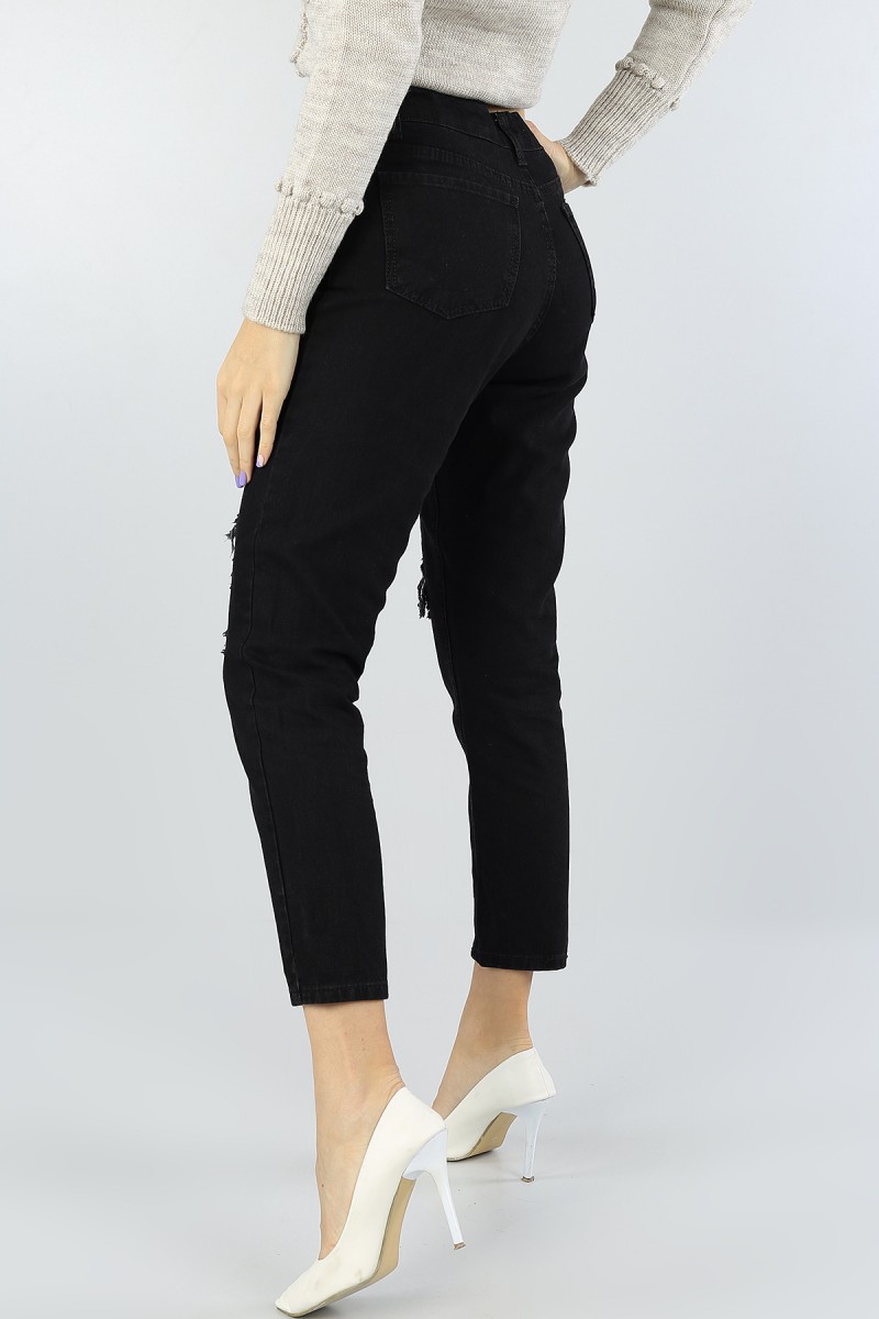 Siyah Yırtık Pençli Bayan Mom Kot Pantolon 52354