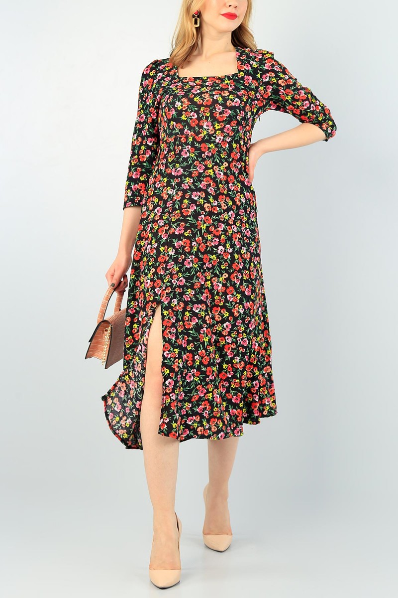 Siyah Yırtmaç Detay Dokuma Elbise 62184
