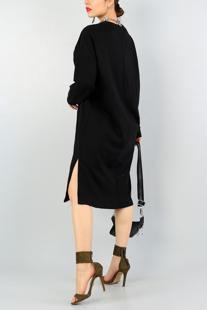 Siyah Yırtmaç Detay Tunik Elbise 57811