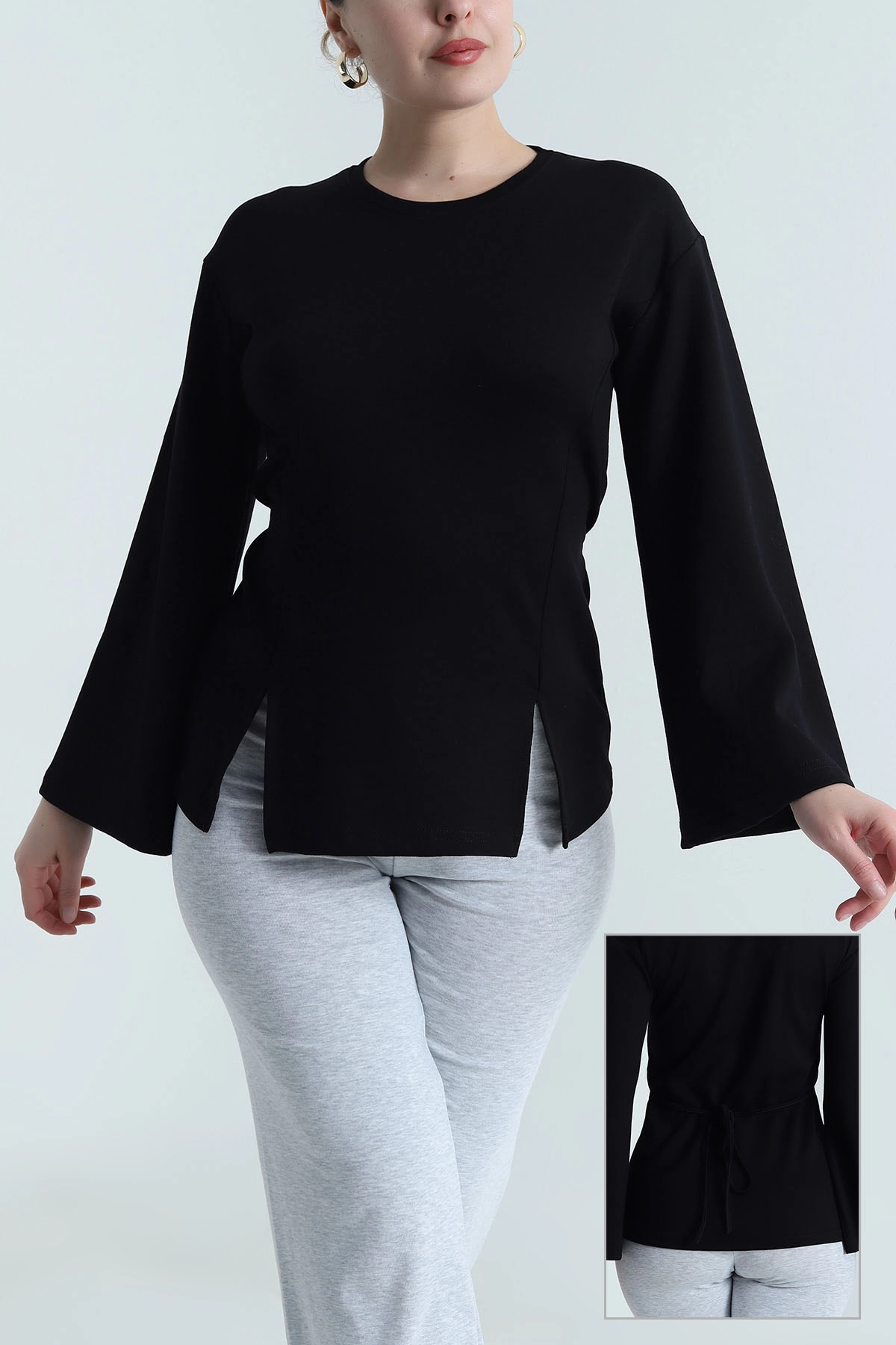 Siyah Yırtmaçlı Bağlamalı Modal Kadın Bluz 493707