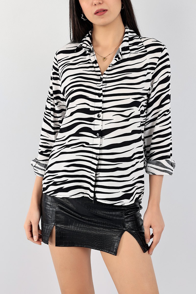 Siyah Zebra Desen Dokuma Bayan Gömlek 99034