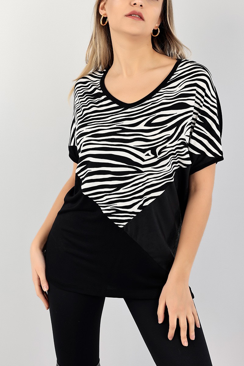 Siyah Zebra Desen Garnili Bluz 104744