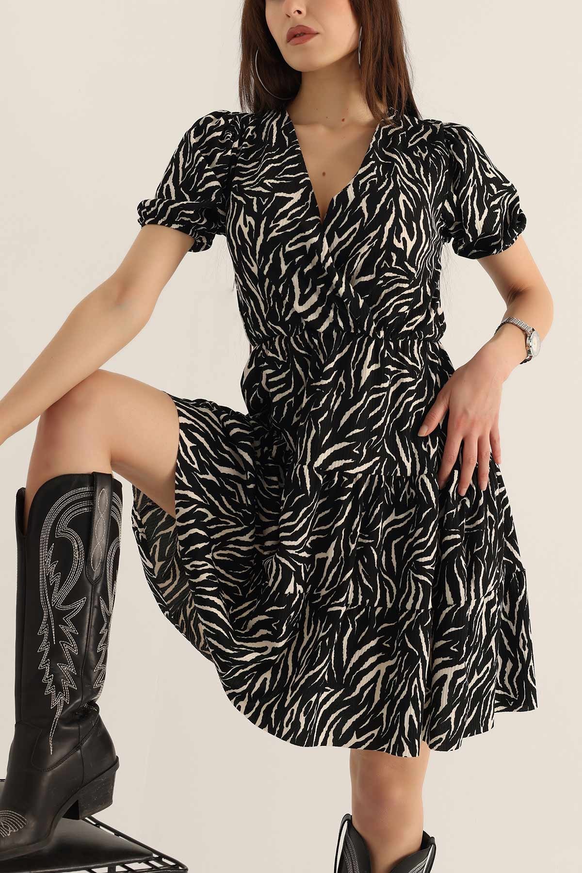 Siyah Zebra Desen Krinkıl Elbise 173294