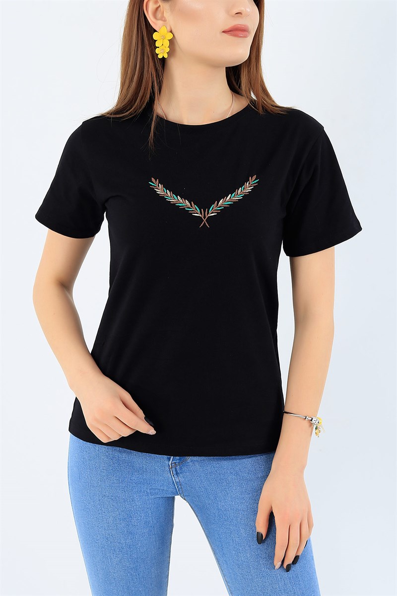 Siyah Zeytin Dalı Nakışlı Bayan Tişört 27435B
