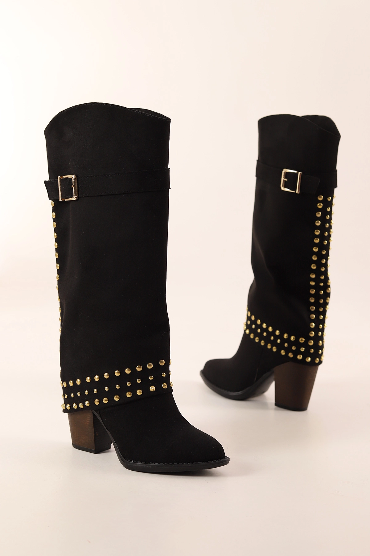 Siyah Zımbalı Kemer Detay Topuklu Kadın Çizme 405975