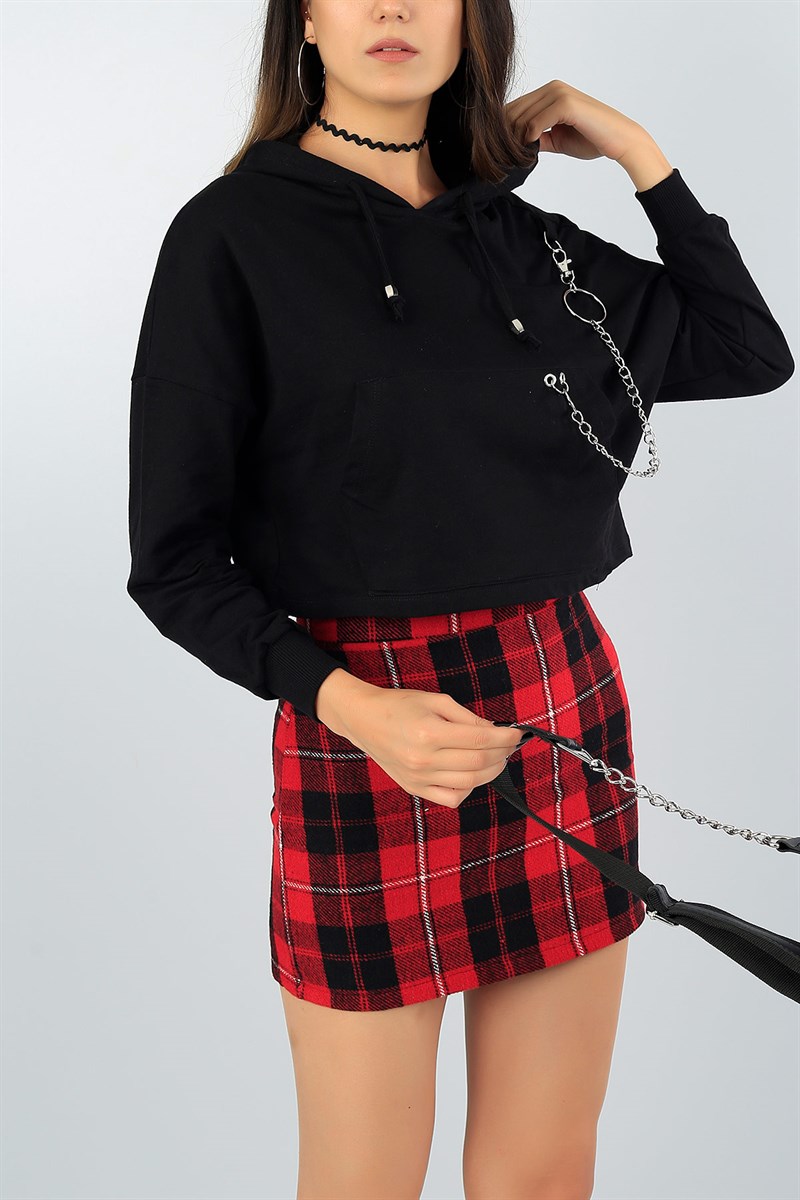 Siyah Zincir Detay Bayan Crop Sweat 41110