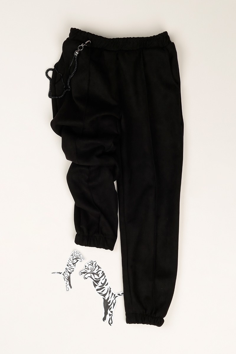 Siyah Zincir Detaylı Paçası Lastikli Chima Kız Çocuk Pantolon 79587