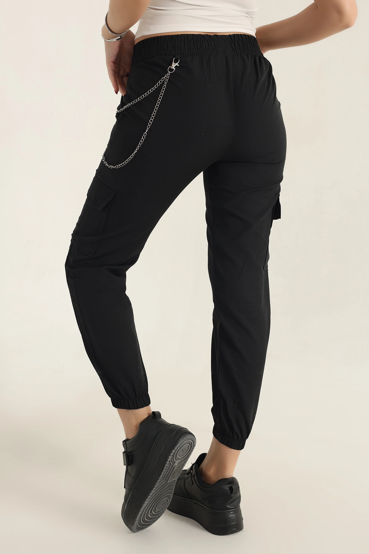 Siyah Zincirli Kargo Cep Bayan Jogger Keten Pantolon 337685
