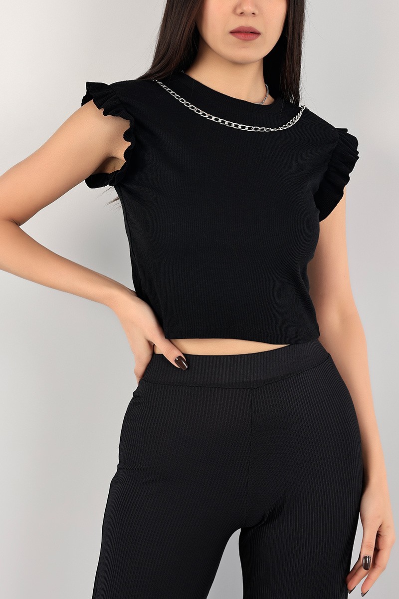 Siyah Zincirli Tasarım Fitilli Bluz 103879