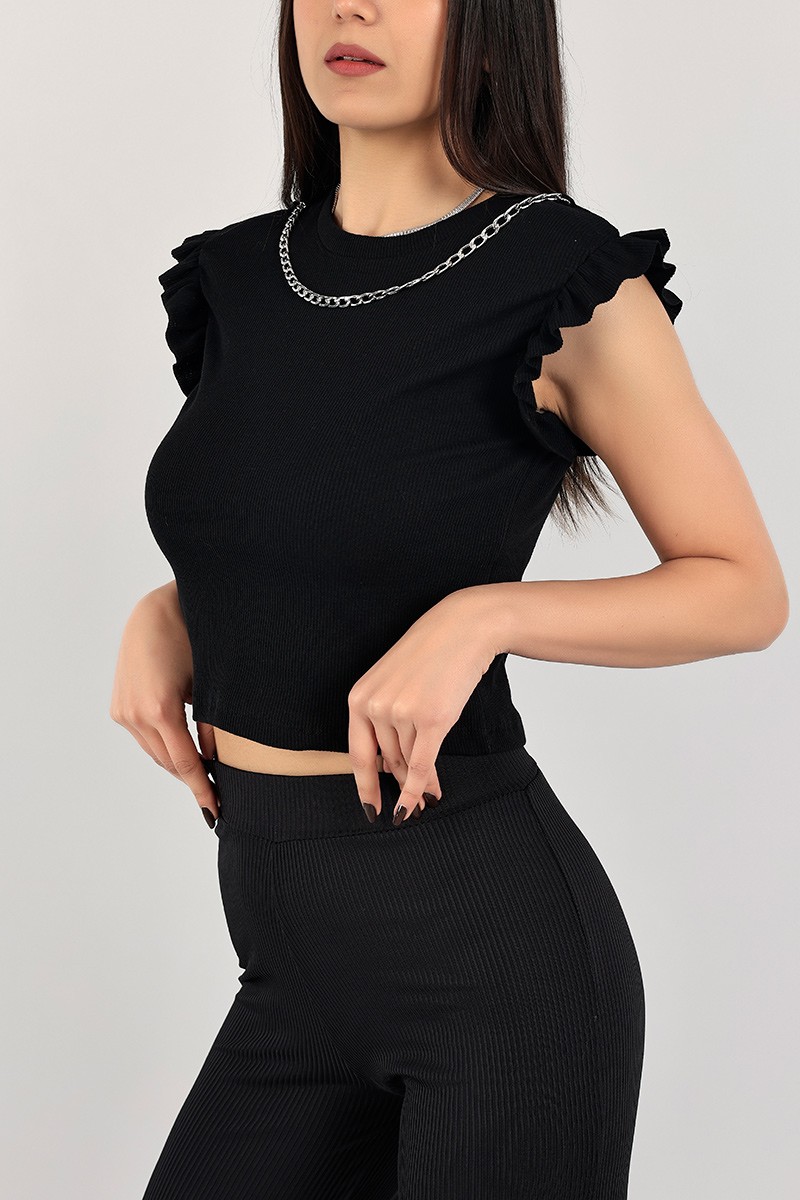 Siyah Zincirli Tasarım Fitilli Bluz 103879