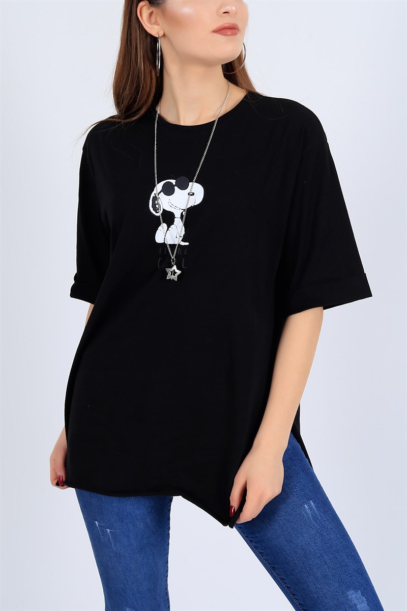 Snoopy Baskılı Siyah Bayan Tişört 26132B