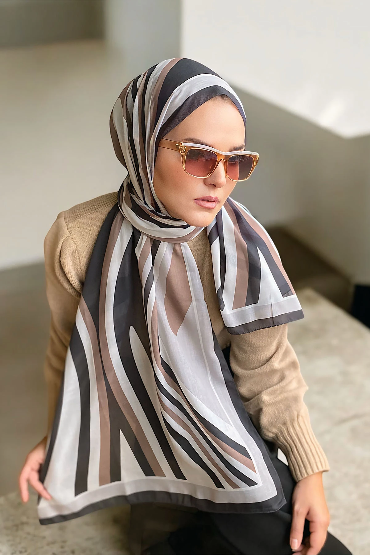 Soft Kahve 180x70 Desenli Dijital Baskılı Pamuk Şal 323052