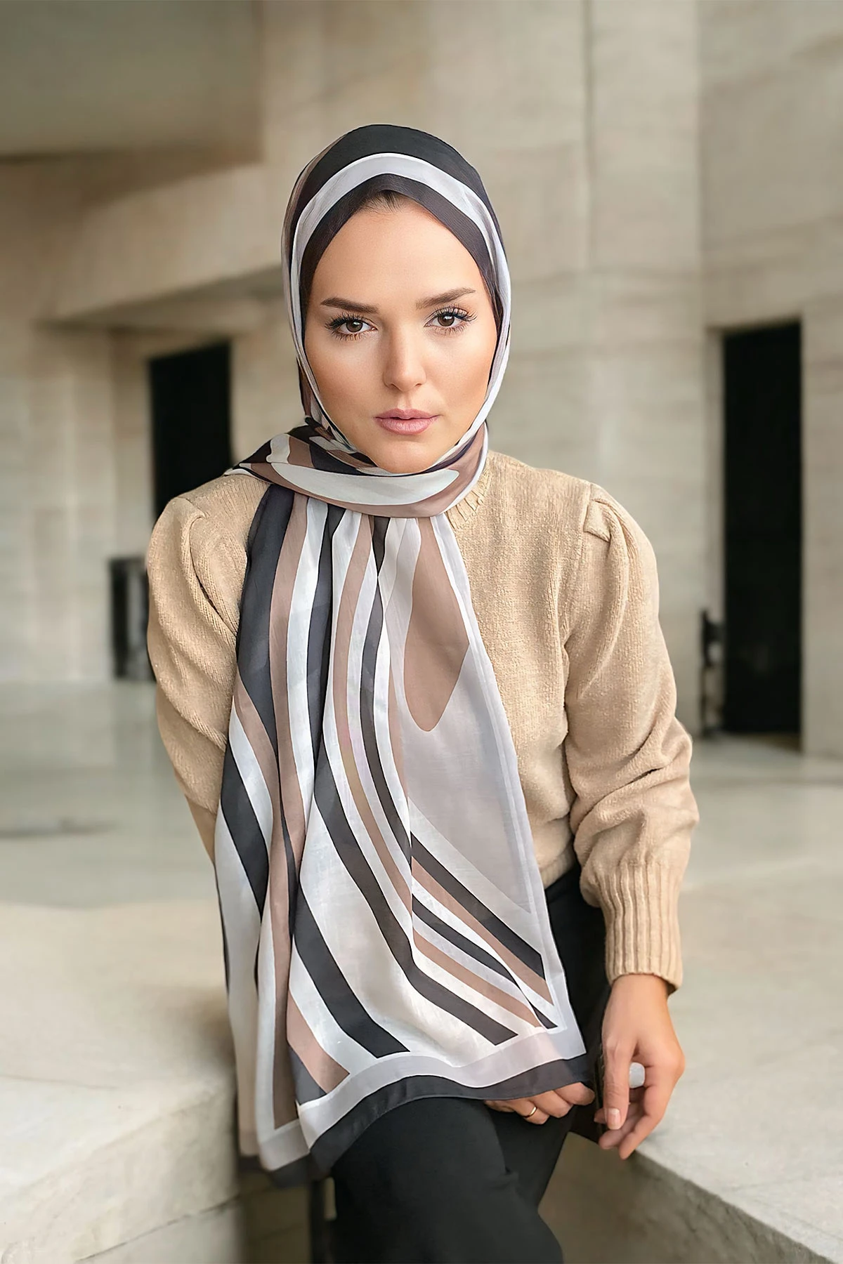 Soft Kahve 180x70 Desenli Dijital Baskılı Pamuk Şal 323052
