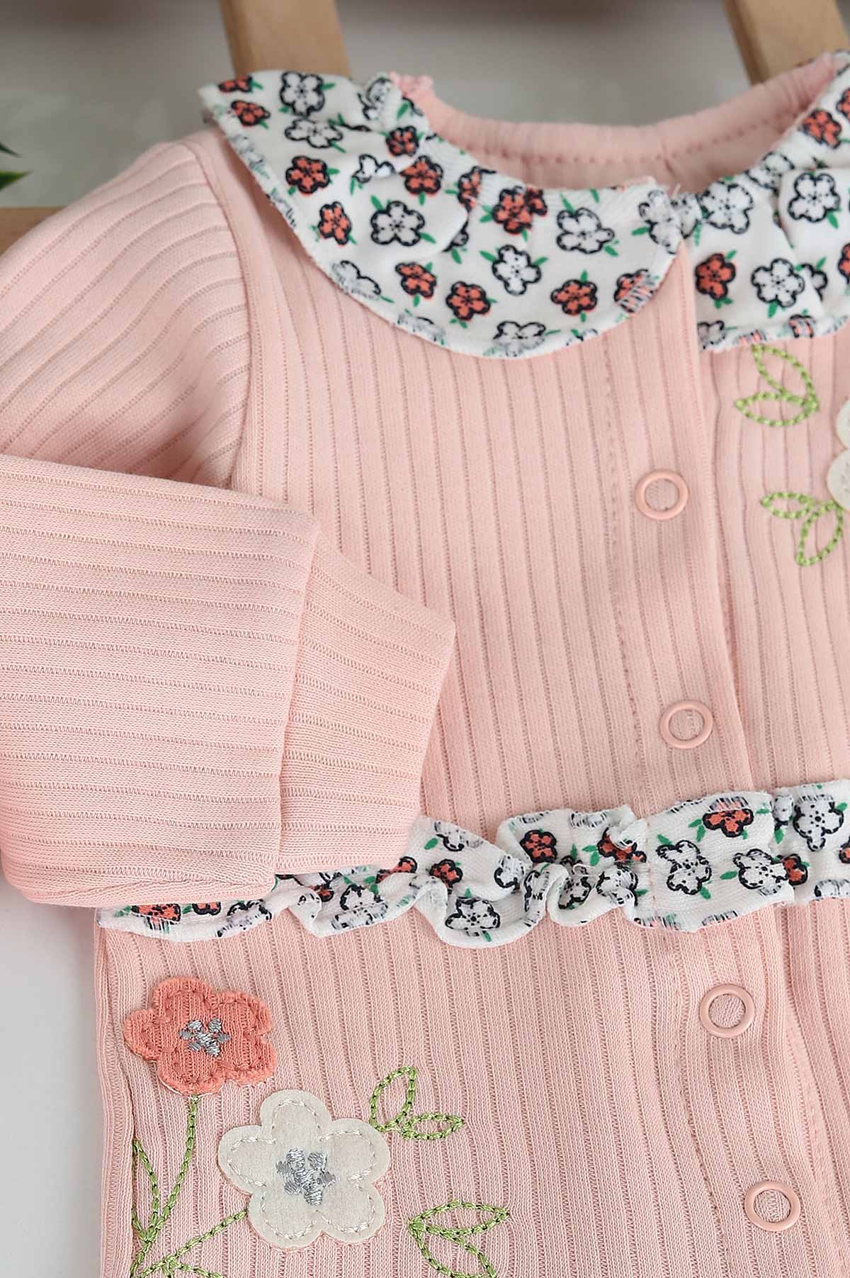 Somon (0-3 Ay) Çiçek Nakışlı Yaka Detaylı 5'li Kız Bebe takım 210642