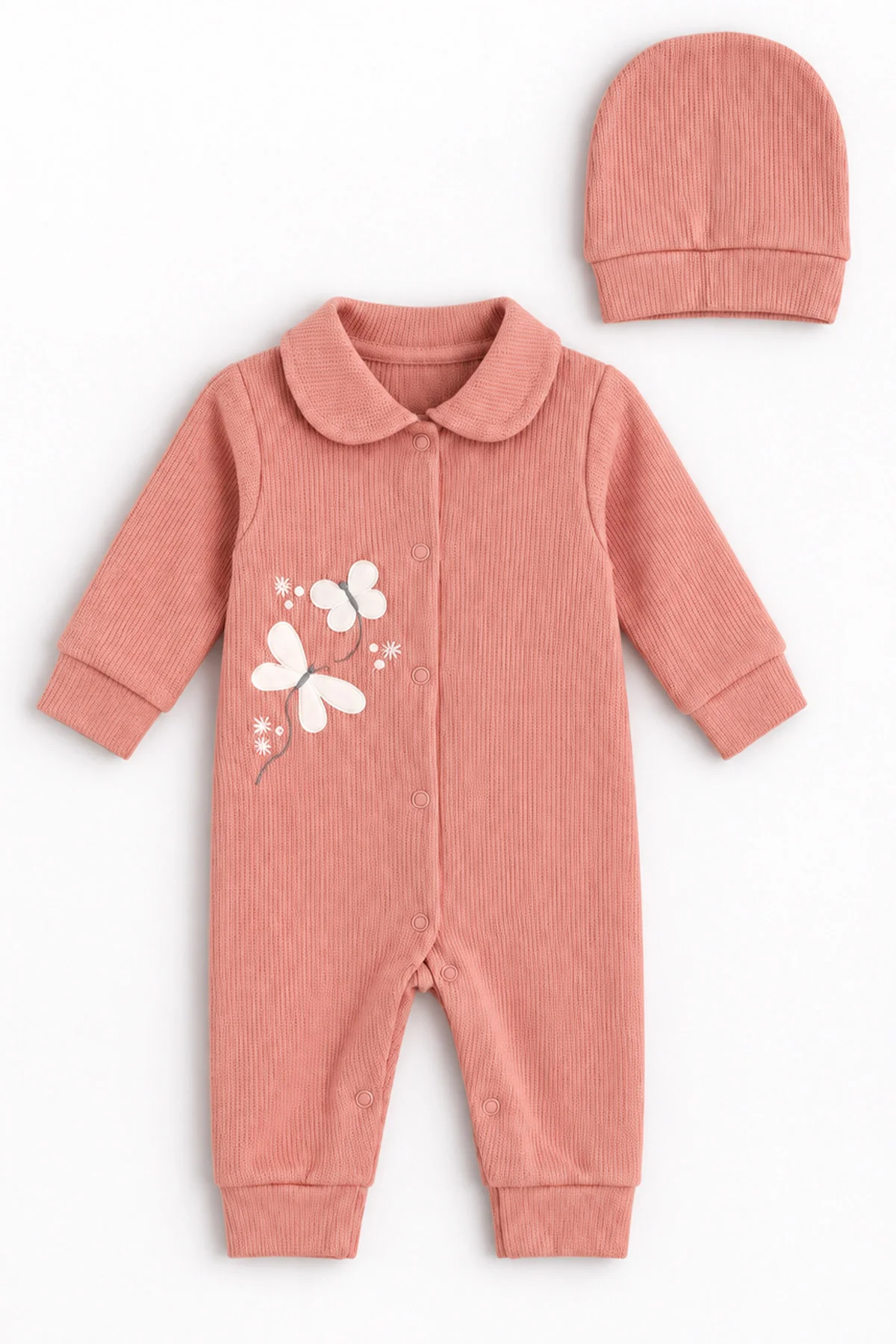 Somon (0-9 Ay)  Kelebek Nakışlı Waffle Kumaş Çıtçıtlı Şapkalı Kız Bebek Tulum 486992