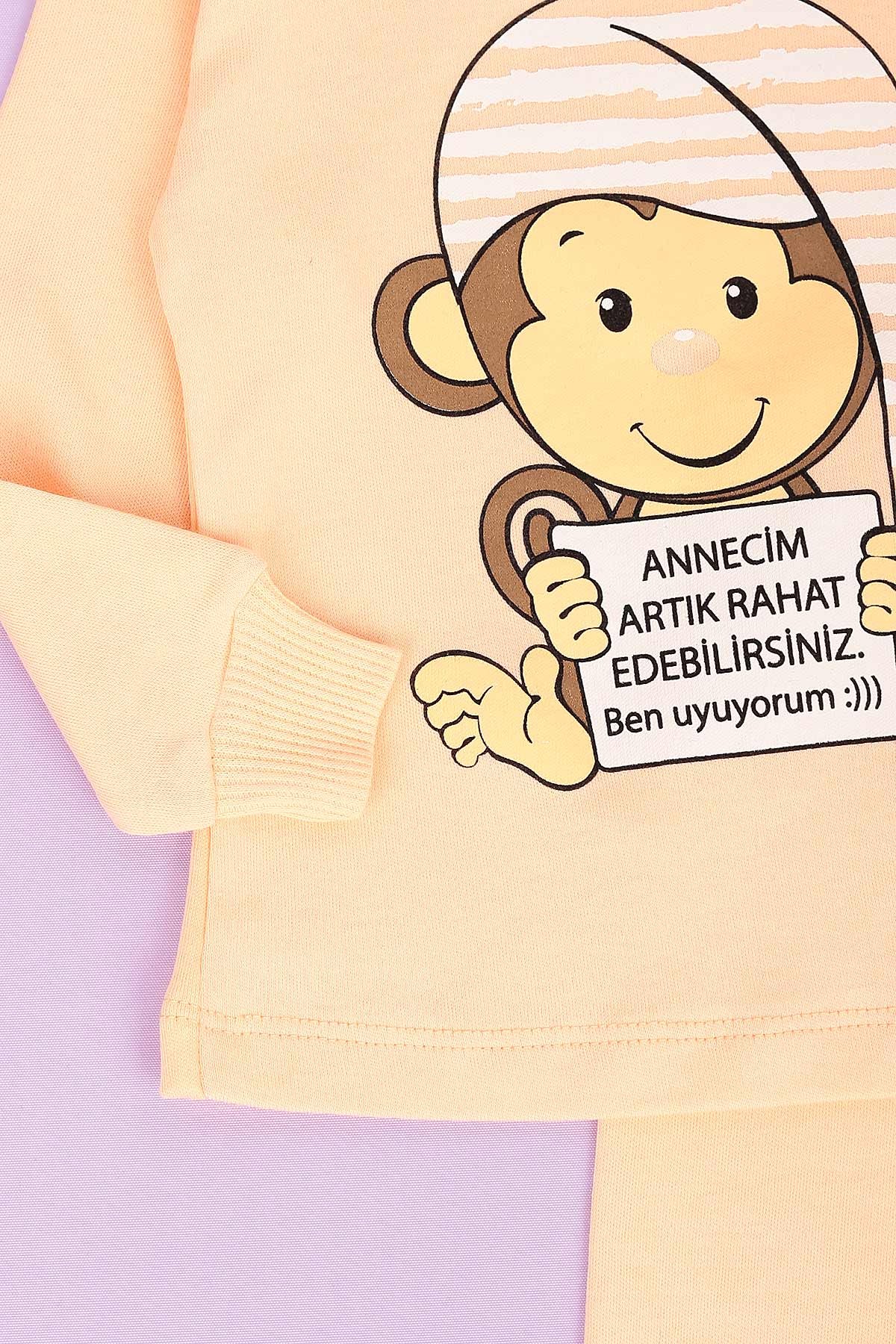 Somon (1-3 Yaş) Şapkalı Maymun Baskılı Kız Çocuk Takım 148322
