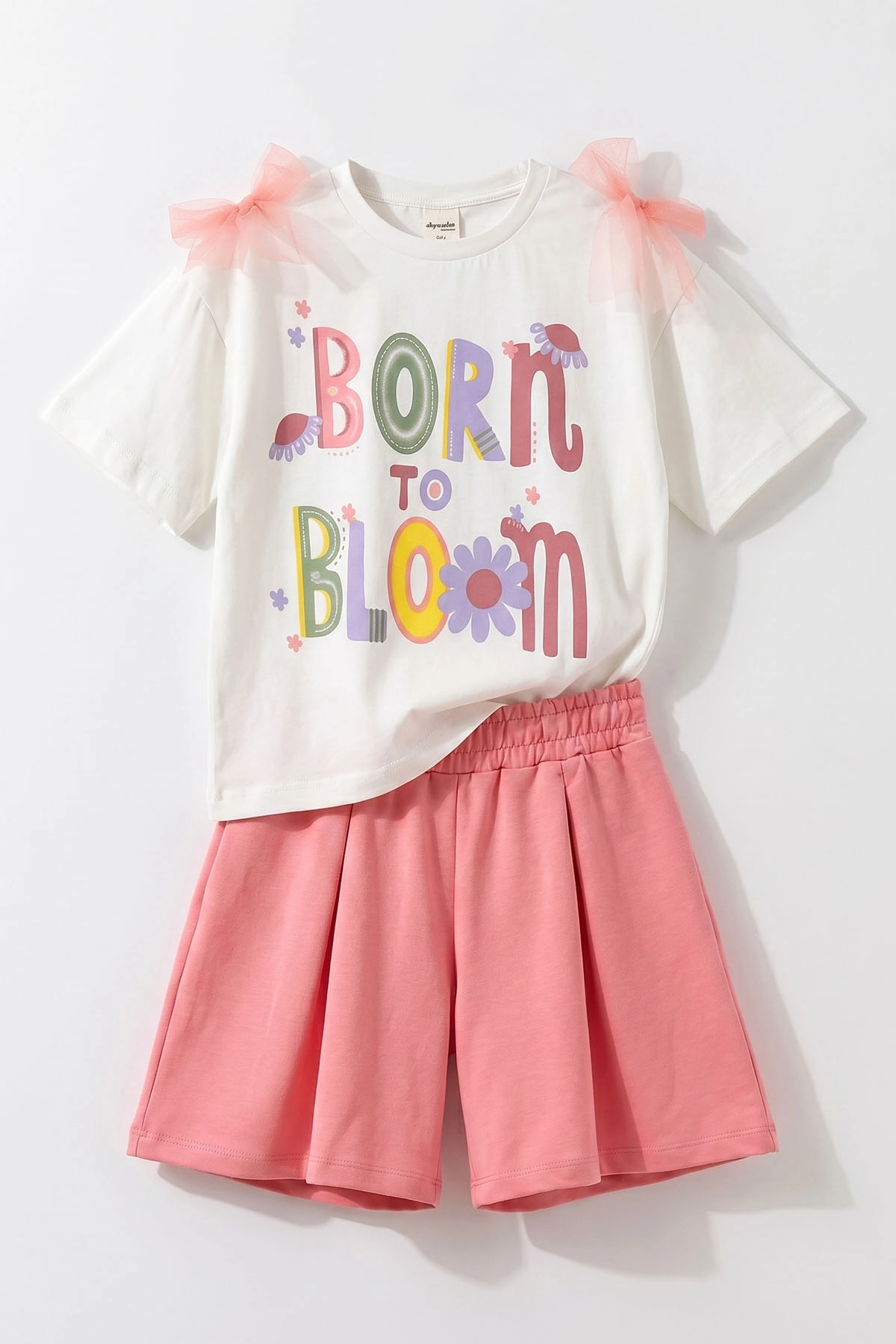 Somon (1-9 Yaş) Born Bloom Baskılı Tülli Fiyonklu Tişörtlü Şortlu Kız Çocuk 2'li Takım 461993