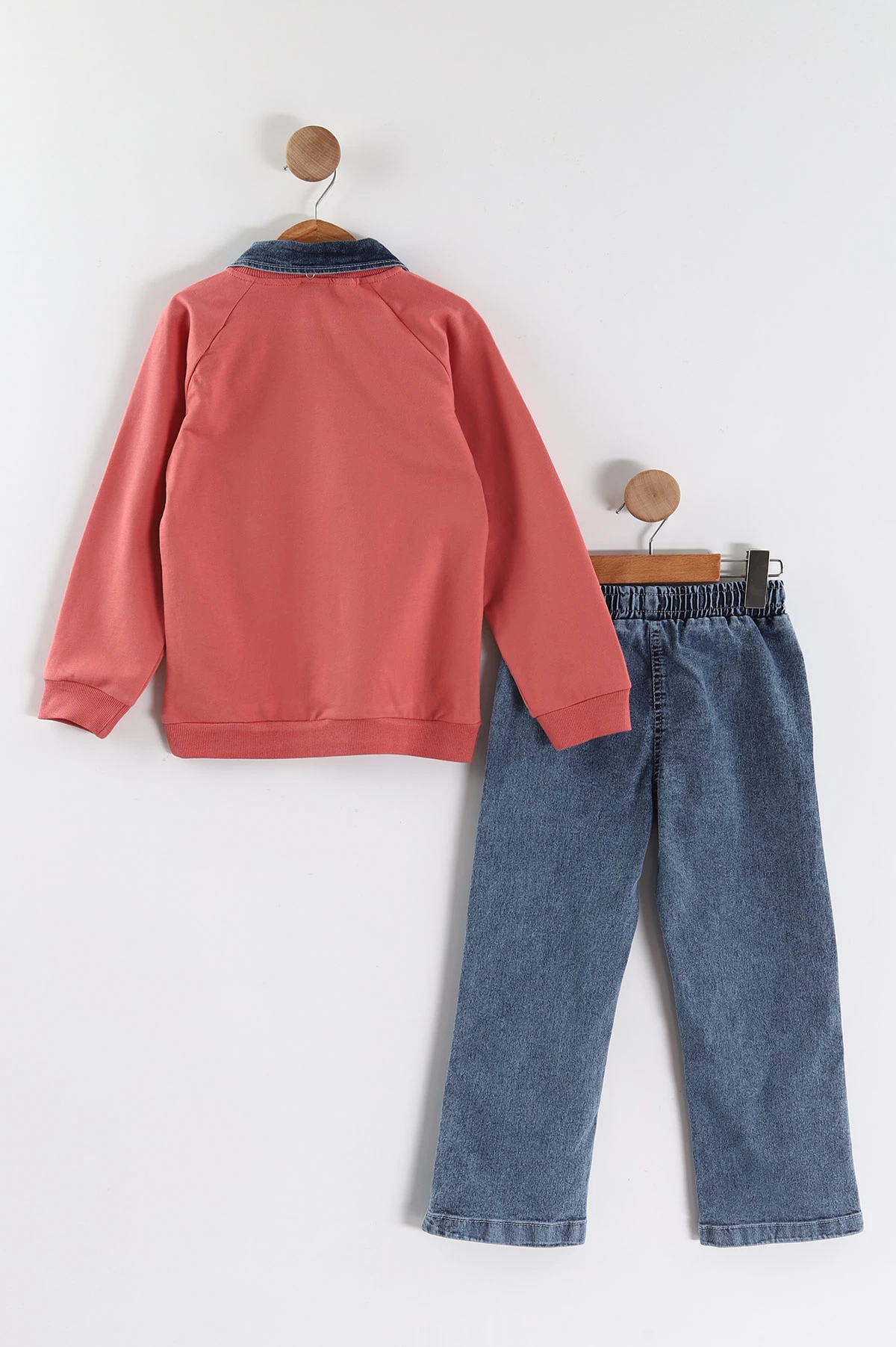 Somon (1-9 Yaş) Sweet 21 Baskılı Gömlek Yaka Kot Pantolonlu Kız Çocuk 2'li Takım 441591