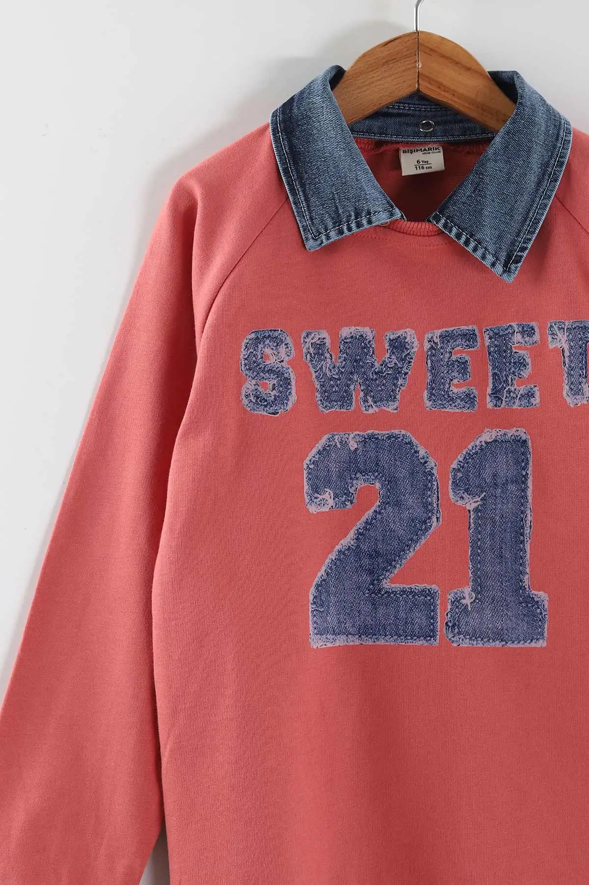 Somon (1-9 Yaş) Sweet 21 Baskılı Gömlek Yaka Kot Pantolonlu Kız Çocuk 2'li Takım 441591
