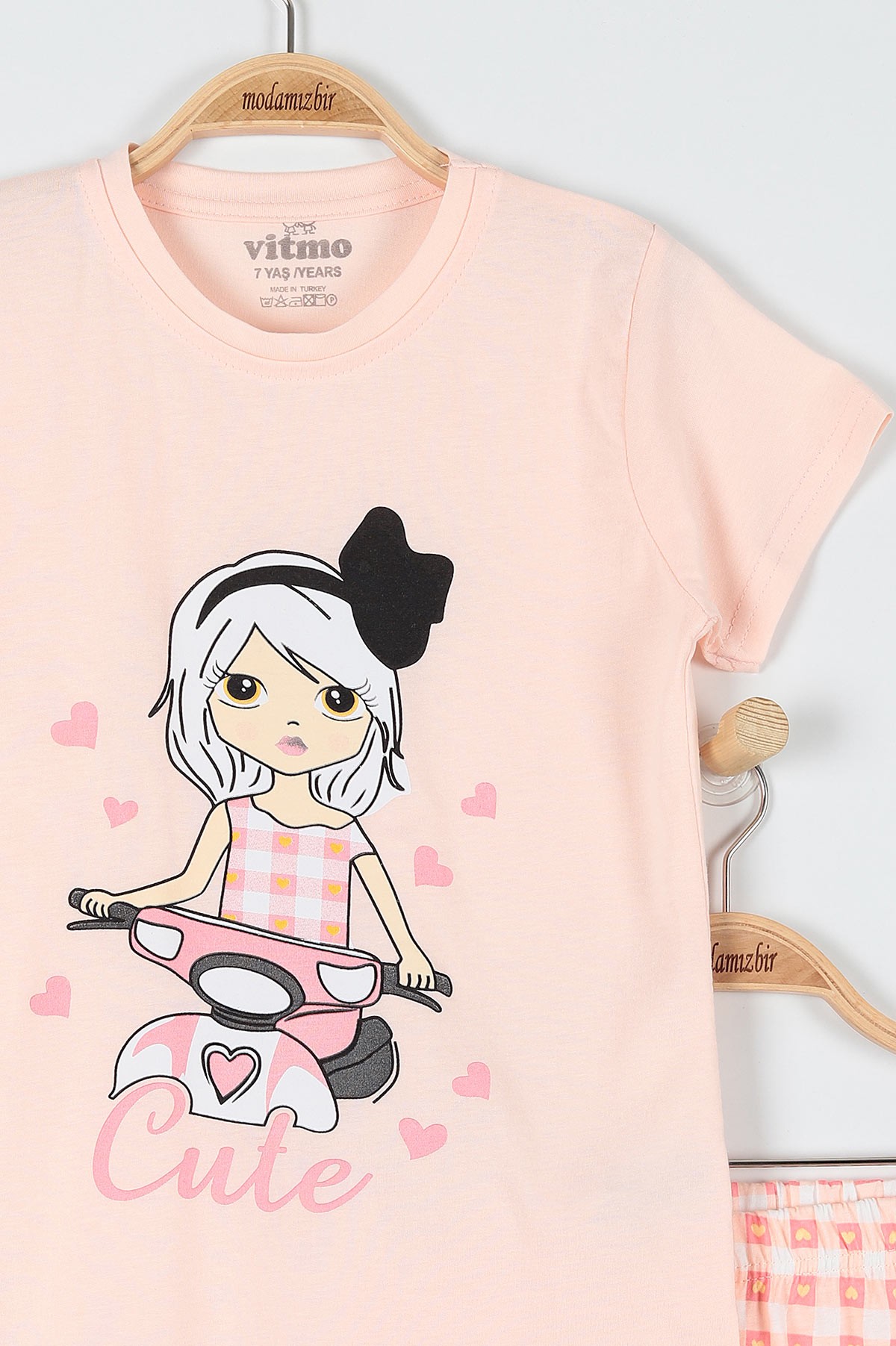 Somon (10-12 Yaş) Kalp Motor Baskılı KIz Çocuk Pijama Takımı 182055