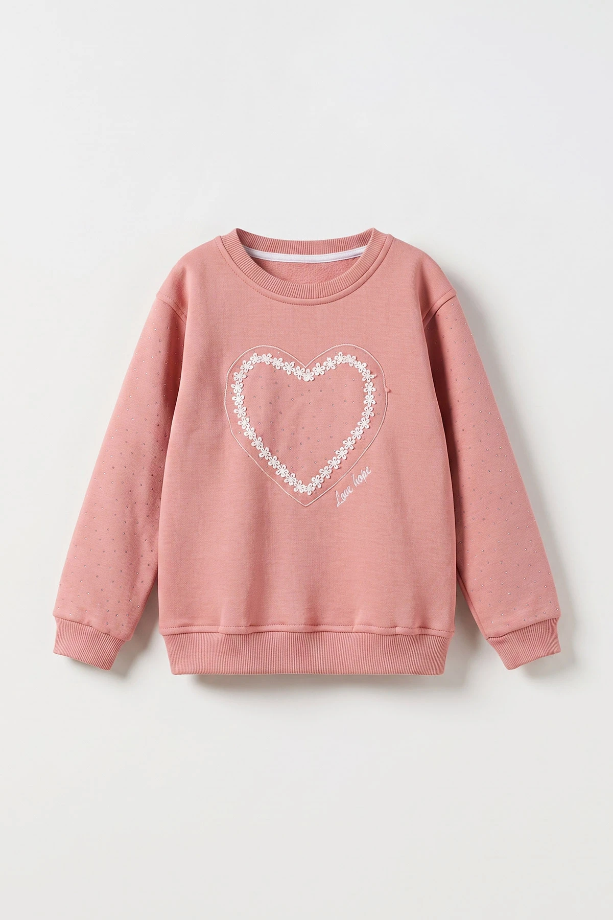 Somon (2-12 Yaş) Kalp Nakışlı Taşlı İçi Şardonlu Kız Çocuk Sweatshirt 483268