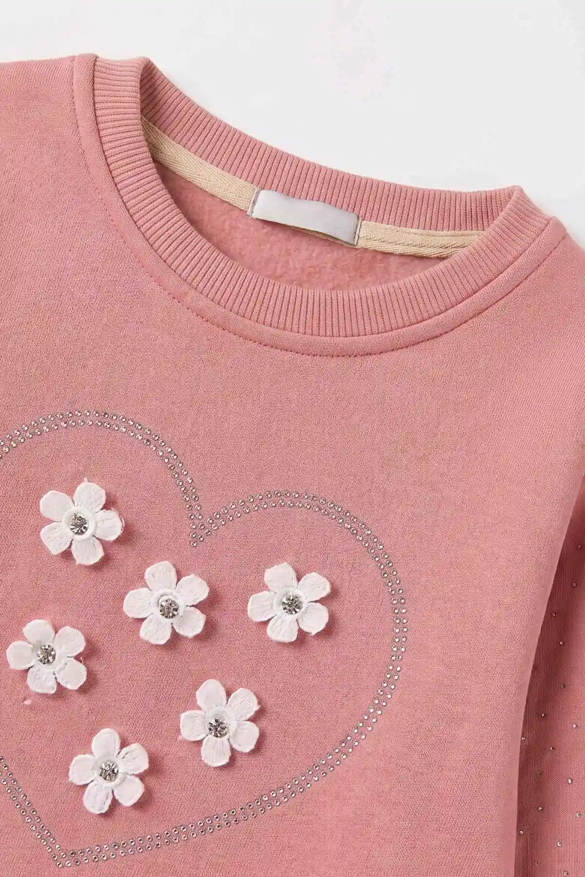 Somon (2-12 Yaş) Kalpli Çiçek Nakışlı Taşlı  İçi Şardonlu Kız Çocuk Sweatshirt 483291