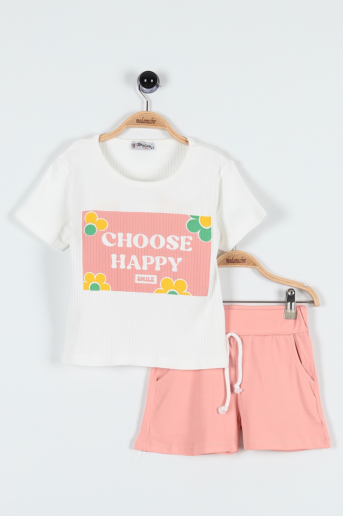 Somon (5-8 Yaş) Choose Happy Baskılı Şortlu Fitilli Kız Çocuk Takım 184834