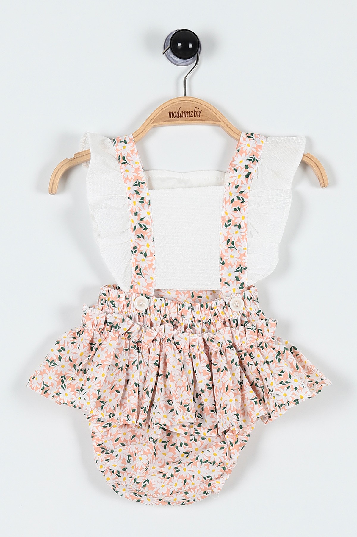 Somon (6-24 Ay) Fırfırlı Çiçek Baskılı Askılı Şortlu Kız Bebe Romper 184462